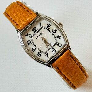 Gossip Mother Of Pearl Midsized Face Women's Barrel Watch Silver Brown Leather